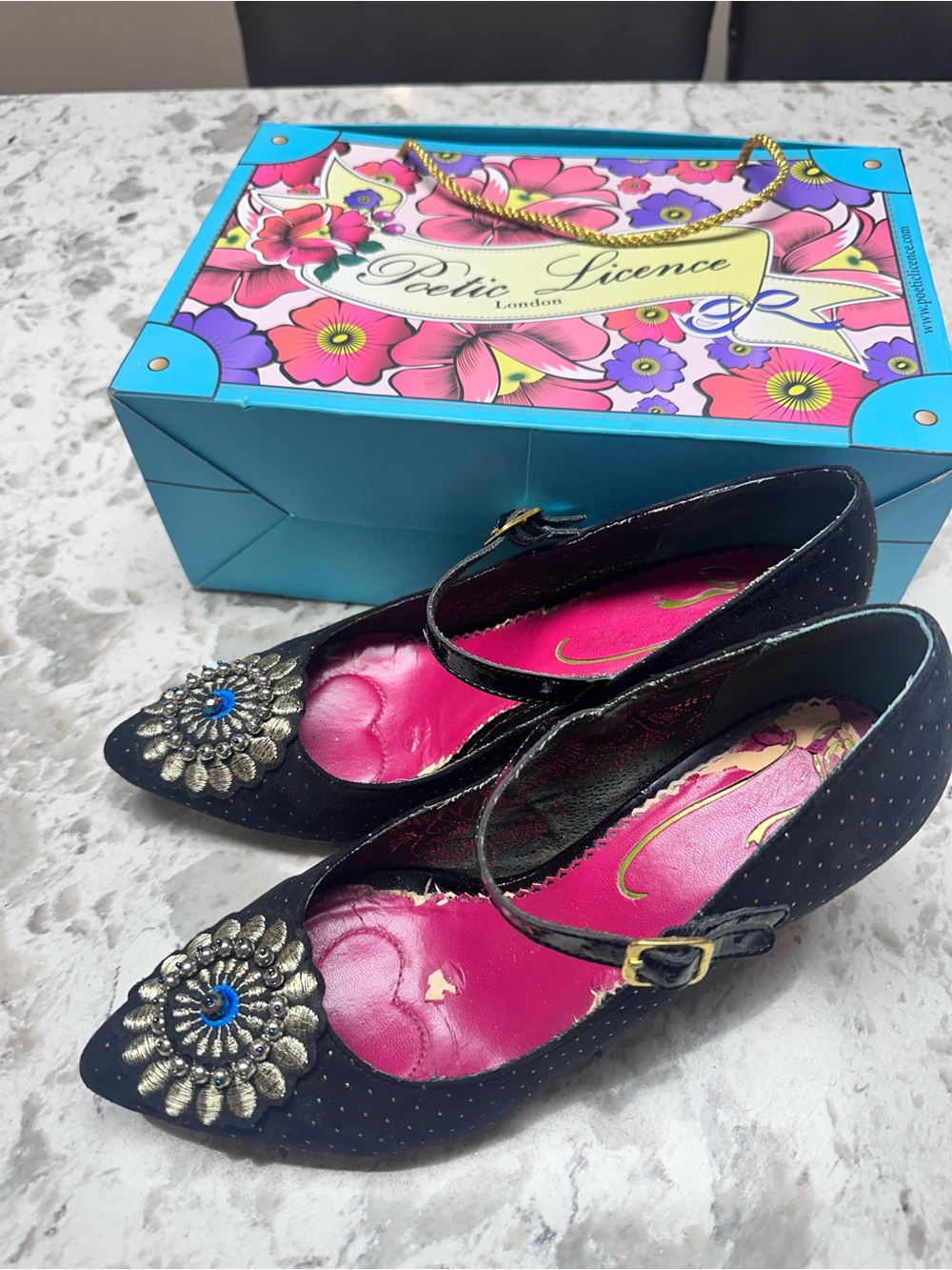 Poetic Licence Black Mary Jane Flats with Floral Jewel Accent